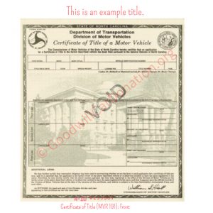 NC Certificate of Title (MVR 191)- Front