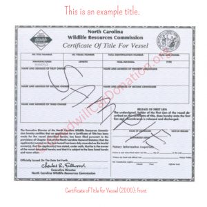 NC Certificate of Title for Vessel (2000)- Front